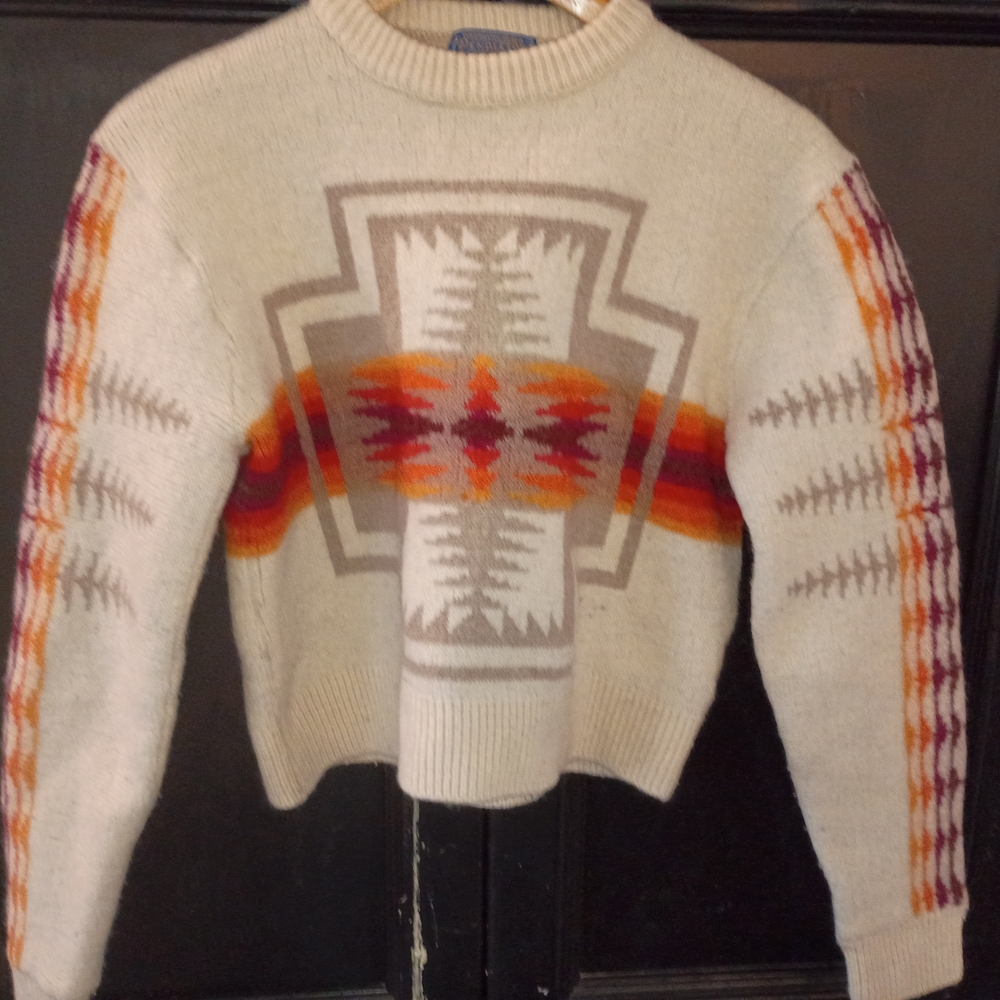 Southwestern Pattern Cream Knit Sweater with Orange & Red Accents